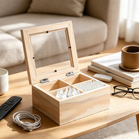 Boîte de rangement multi-compartiments en bois de pin avec couvercle transparent, organisateur en bois pour petits objets ménagers