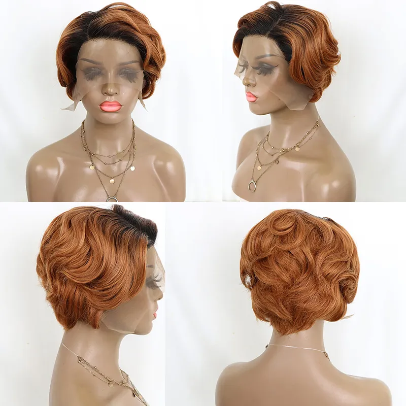 Perruque lace frontal wig brésilienne naturelle, cheveux humains, coupe pixie, partie L, traitement bouclé, kératine, vente en gros, pour femmes africaines