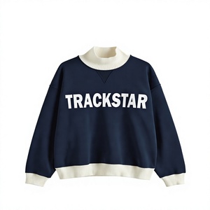 Oversized Navy Blue Mock Neck Sweatshirt for Women White Contrast <b>Stand</b> Collar Hem Featuring Trackstar Graphic Print Winter - Product Image 1