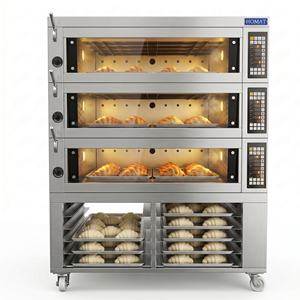Horno de panadería de 3 cubiertas y 2-3 bandejas para panaderos que buscan equipos de horneado fiables para la producción de pan y repostería, con estante para bandejas - Product Image 1