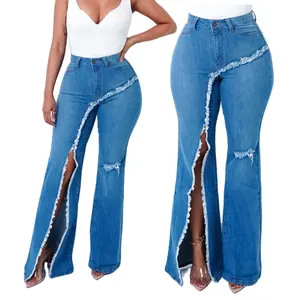 HSF2601 Latest Chic Trendy Ladies Irregular Stretchy Slit Denim Jeans Wide Leg Pants Flare Jeans For Women