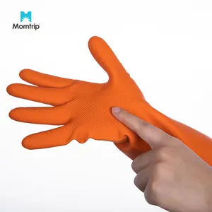High Temperature Resistance Waterproof Orange Flock Lined Cleaning Household Kitchen Natural Latex Rubber Gloves
