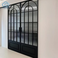 Porte pliante en aluminium noir à grille arquée avec verre cannelé, moderne et résistante à l'eau, pour cuisine et café, cloison intérieure