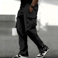 Celana Cargo Pria Jiaer American Streetwear Model Flare dengan Banyak Kantong Lipat, Kancing Jepret di Bagian Bawah, Gaya Vintage Kasual, Celana Kerja Utilitas untuk Pria