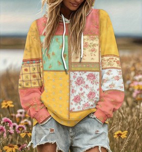 เสื้อฮู้ดผู้หญิงสไตล์โบฮีเมียนวินเทจ พิมพ์ลายเรขาคณิตดิจิทัล แบบสวมหัว มีฮู้ด ลำลอง แต่งสีบล็อก ตัดต่อผ้า มีซับใน สำหรับฤดูหนาวและฤดูใบไม้ร่วง - Product Image 1