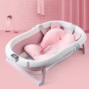 Wholesale bathtub baby girl net-Portable Plastic Toddler Foldable Bath Tubs Complete Set Folding Kid Small Baby Newborn Infant Bathtub With Thermometer Cushion