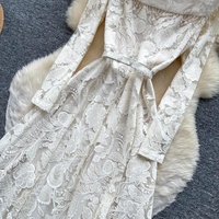 Robe midi élégante pour femmes, en dentelle, à manches longues, style A, décontractée, avec ceinture, pour les occasions quotidiennes et les fêtes, vêtements pour femmes