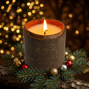 Bougie artisanale en cire de soja parfumée à la cannelle de Noël, dans un bocal en bois, style bohème, décoration de maison pour les fêtes, ornements en branches de pin - Product Image 1