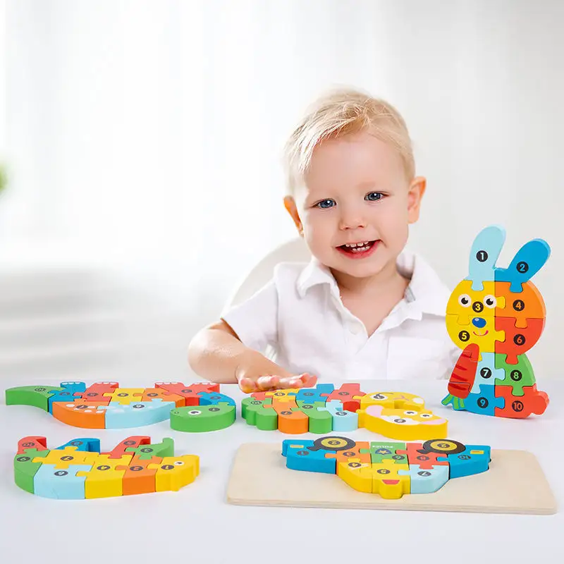 ألغاز تعليمية خشبية ملونة مونتيسوري ، ألعاب أطفال ثلاثية الأبعاد على شكل حيوان ، لغز خشبي للأطفال