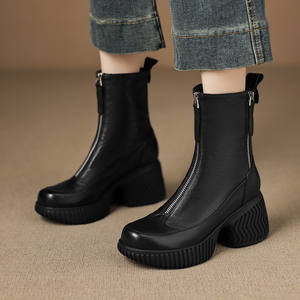 Bottines à talon compensé mi-haut en cuir véritable de mouton de haute qualité, antidérapantes, imperméables, couleur unie, polyvalentes et tendance - Product Image 3