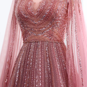 Robes de soirée de luxe grises et vertes arabes grande taille avec manches cape bleues et roses élégantes pour femmes, fête de mariage LSZ005-1 - Product Image 5