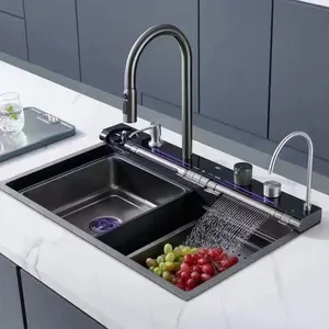 2024 nouvelle tendance évier de cuisine intelligent avec cascade touche de piano numérique 304 éviers de cuisine multifonctionnels en acier inoxydable