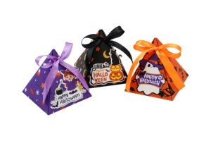 Boîte à bonbons triangulaire pour fête <span class=keywords><strong>de</strong></span> Halloween, boîte à friandises en papier recyclable avec ruban, thème Halloween, design citrouille et fantôme, boîte cadeau - Product Image 4