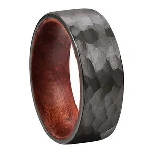 Coolstyle Jewelry Wholesale 8mm Natural Wood Insert Hammered Gunmetal Tungsten Ring for Men Women Engagement Wedding Band