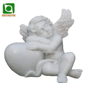 Cemetery Hand Carved White Marble Sleeping Baby Angel and Heart Shape Tombstone