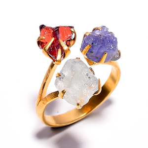 Bague en pierres précieuses en laiton de haute qualité, grenat brut, apatite néon, quartz rose, bague en pierres précieuses améthyste verte, bijoux plaqués or 18 carats - Product Image 4