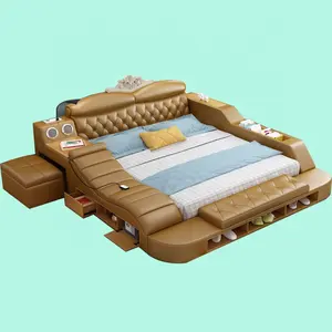 现代时尚皮革国王大号双人尺寸软床，带存储按摩功能多功能智能实木卧室