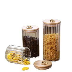 Pot scellé de nourriture à rayures verticales cylindriques de conservation fraîche avec couvercle en <span class=keywords><strong>bambou</strong></span> anneau de traction en métal couvercle plat pot de stockage en verre - Product Image 3