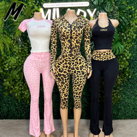 Ensemble tendance pour femme Milady, imprimé léopard, sweat à capuche zippé et pantalon évasé, deux pièces, style streetwear, logo personnalisable