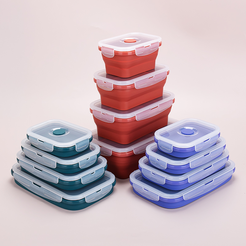 Food Grade Set Of 4 Folding Silicone Lunch Box With Airtight Lid Collapsible Food Storage Container Silicone Bento Lunch Box