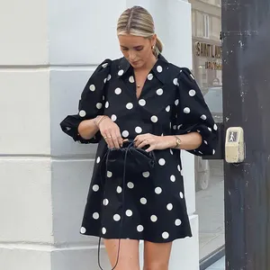 Robe chemise décontractée à col rabattu et manches courtes pour femmes, manches courtes, noir et blanc, à pois, imprimé pour dames