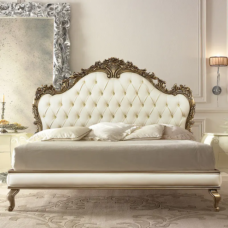 Французская Элегантная стильная мебель, белая кожаная резная деревянная Свадебная кровать, антикварная двуспальная кровать размера «king-size»