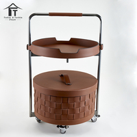 Chariot de rangement rond en cuir et cristal de luxe moderne avec ornements dorés pour la décoration de la maison
