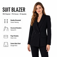 Kadın Takım Elbise Blazer Siyah Polyester Viskon Spandeks Kruvaze Özel Dikim İş Günlük Ofis Kıyafeti Fabrikadan Direkt