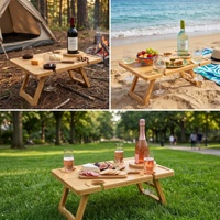Table de pique-nique portable en bambou pliable pour vin, collations et fromages, avec porte-bouteille et porte-verres, pour le camping, la plage, le parc