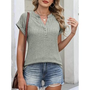 FOXA Womens Short Sleeve Henley Shirt V Neck Ribbed Knit <b>Top</b> Breathable Cotton Summer Tunic Casual Work Blouse - Product Image 6