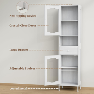 66.4 <strong>Tall</strong> Cloud White <strong>Bathroom</strong> Cabinet with Glass Doors Adjustable Shelves Anti Tipping Linen <strong>Storage</strong> - Product Image 3