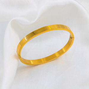 Gesper cincin datar Oval tidak pudar berlapis emas 18K kualitas tinggi pembukaan gelang manset baja tahan karat ukuran warna dapat disesuaikan - Product Image 5
