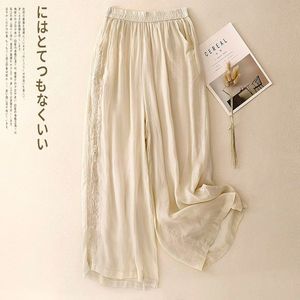 Women's Cropped Wide Leg Pants Purple Cotton Linen <b>Blend</b> Embroidered Loose Fit Casual Summer Pants - Product Image 3