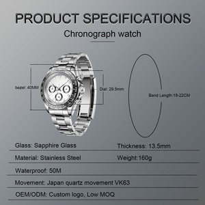 Reloj de Pulsera de Cuarzo Luminoso a Prueba de Agua de Lujo con Logotipo Personalizado, Movimiento VK63, Reloj Cronógrafo de Cuarzo de Acero Inoxidable para Hombre - Product Image 2