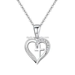 Christian Mother Necklace Customized 925 Sterling Silver Cross Heart Pendant Necklace in Rhodium Plated Mom Mother's Day Gifts