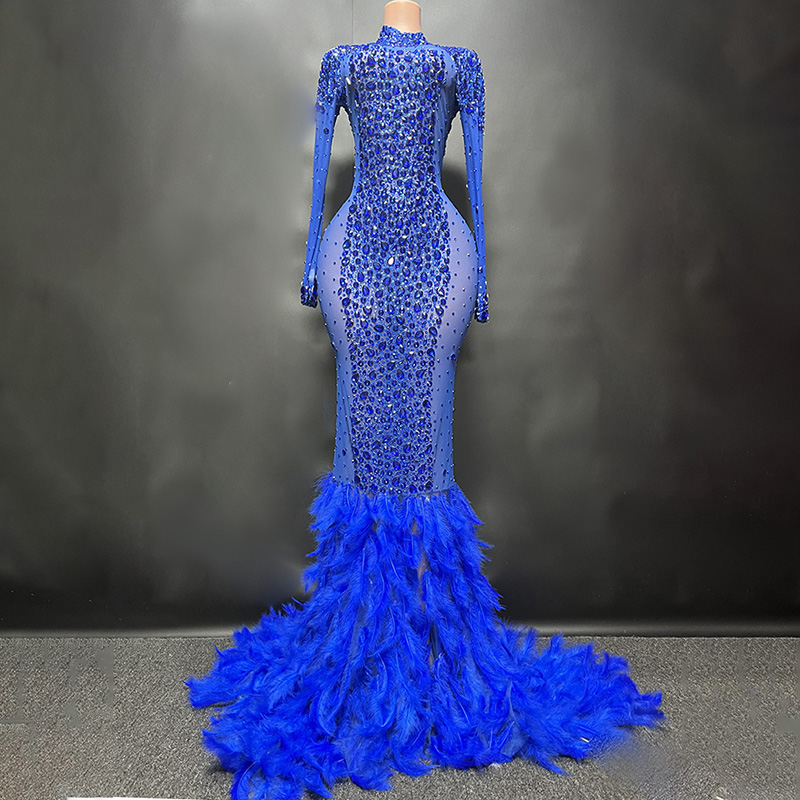 Elegant Feather Maxi Dresses with Rhinestone Party Red Dress