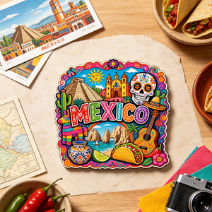 Pegatina Magnética Moderna de Madera Personalizada de México, Diseño de Calavera Mexicana, Pirámide de <span class=keywords><strong>Chichen</strong></span> Itza, Taco, Guitarra, Piñata, Viajes por Latinoamérica - Product Image 1