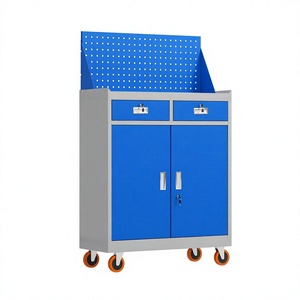Armadio Mobile Resistente con Pannello Forato, 2 Cassetti, Doppia Porta con Serratura, Cassettiera su Ruote per Garage e Officina, in Acciaio Blu - Product Image 1