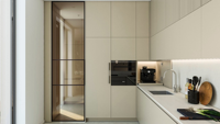 Meuble bar de luxe pour la maison avec étagères en verre, armoire de cuisine en chêne avec panneau Shaker encastré, détail de perles linéaires rondes, cuisine compacte modulaire