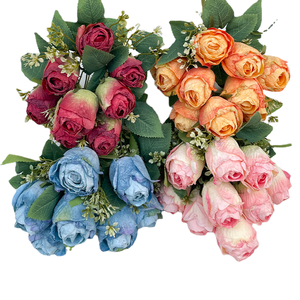 LFH Bouquet de boutons de roses torréfiés à 9 têtes de haute qualité pour la décoration de la maison, fleurs, atmosphère d'hôtel paysage soie - Product Image 2