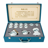 Service à thé en porcelaine chinoise Green Mountain de 13 pièces, théière Gaiwan, pichet à thé et tasses, bordure dorée, paysage peint à la main, coffret cadeau