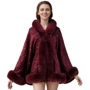 Women Sparkly Sequins <b>Wrap</b> Shawl Elegant Cloak with Faux Fur Trims Winter Warm Cape for Wedding Travel Night Out - Product Image 6