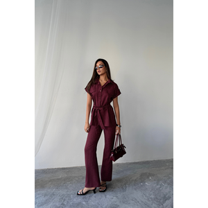 Conjunto Casual de 2 Piezas para Mujer, Blusa y Pantalón de Poliviscosa a Rayas Borgoña, Corte Holgado para Otoño e Invierno - Product Image 3