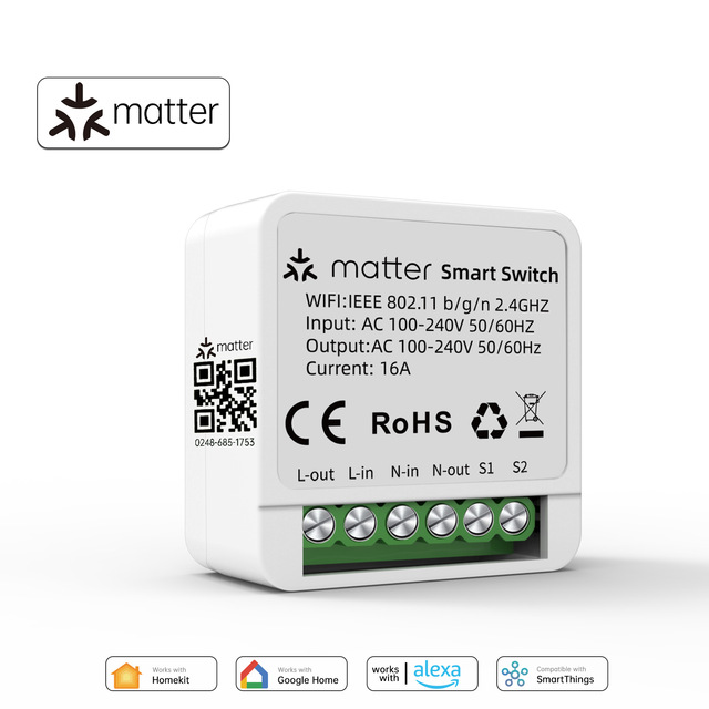 SIXWGH Matter 16A Mini Smart Relay Switch Module WiFi Wireless Supports Siri HomeKit Alexa 2.4Ghz WI-FI Smart Switch for Light