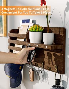 <span class=keywords><strong>Porte</strong></span>-clés en bois mural avec aimant suspendu <span class=keywords><strong>porte</strong></span>-courrier en bois avec crochets à clé en bois organisateur de cintre à clé mural - Product Image 3