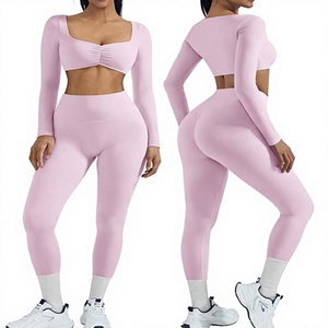 Best Quality Women's Long Sleeve Seamless Yoga <b>Set</b> High Waist Scrunch Leggings <b>Square</b> Neck Crop Top Gym Fitness Activewear <b>Set</b> - Product Image 1