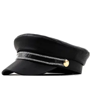 秋と春のファッションブラックPUレザークリスタルリボン和風卸売レジャーベレー帽