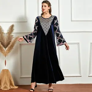 Elegant Navy Blue Velvet Femmes Muslim Abaya Dubai 2023 New Style Luxury Patchwork Embroidery Robe Musulmane Long Dresses