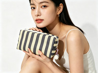 Nouvelle Trousse de Maquillage Classique en Toile Imprimée à Rayures avec Fermeture Éclair, Sac de Rangement Cosmétique Portable Résistant à l'Eau