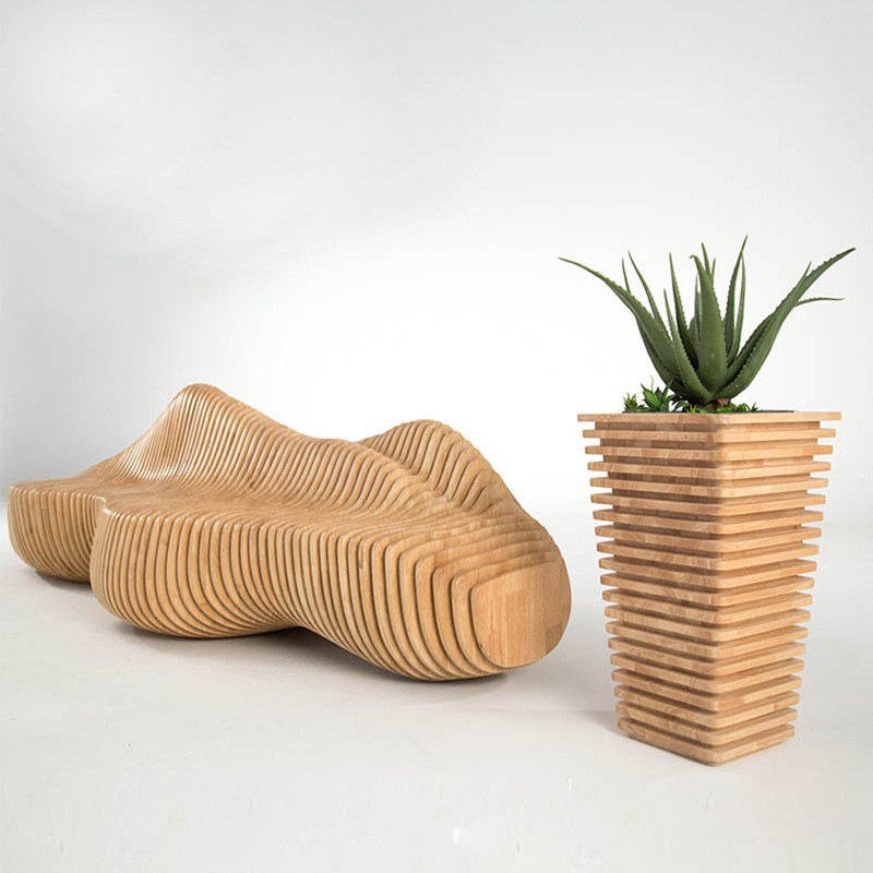 Wood chip flower pots and chairs